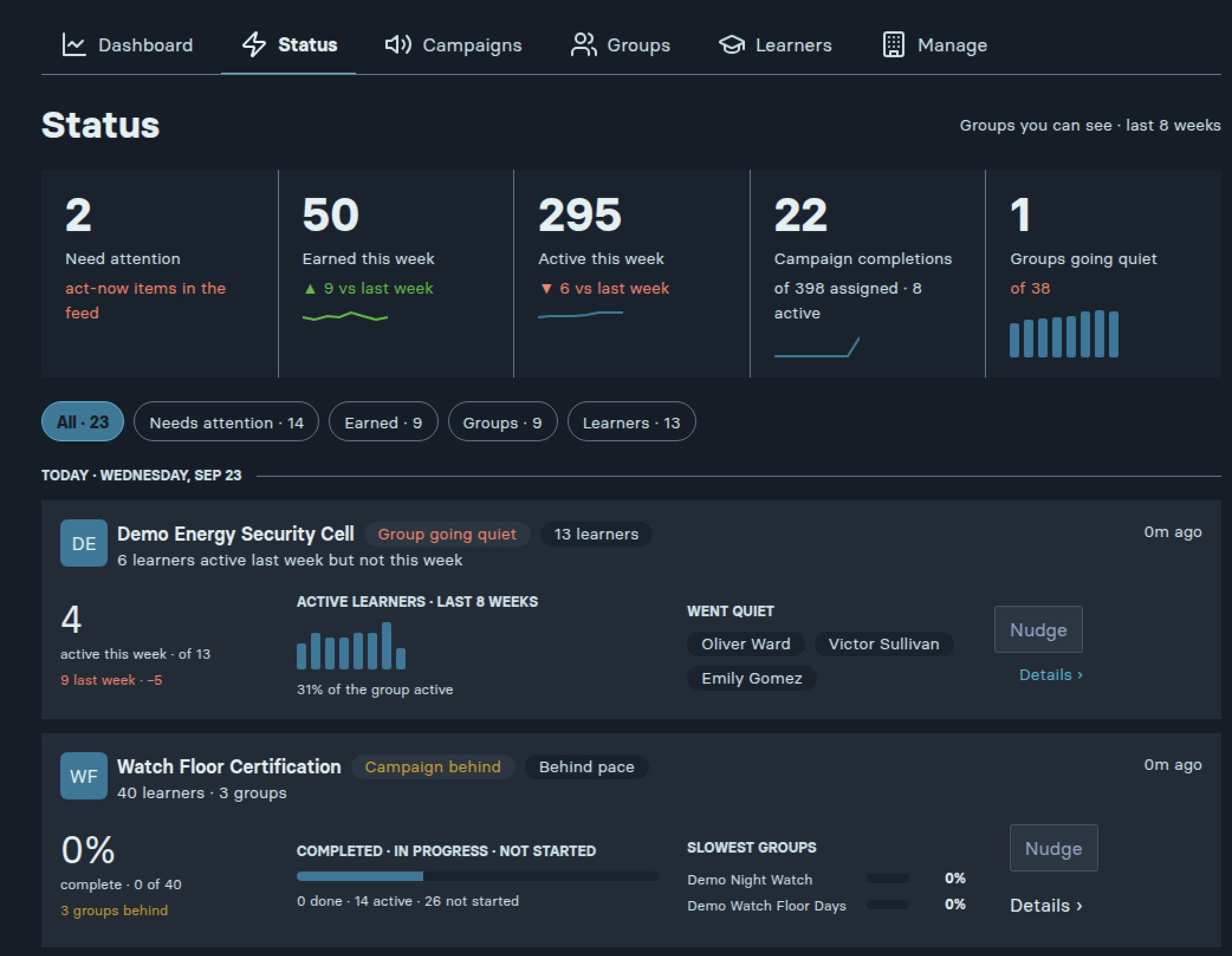 Status feed of incoming activity: this week’s records, campaign completions and groups going quiet