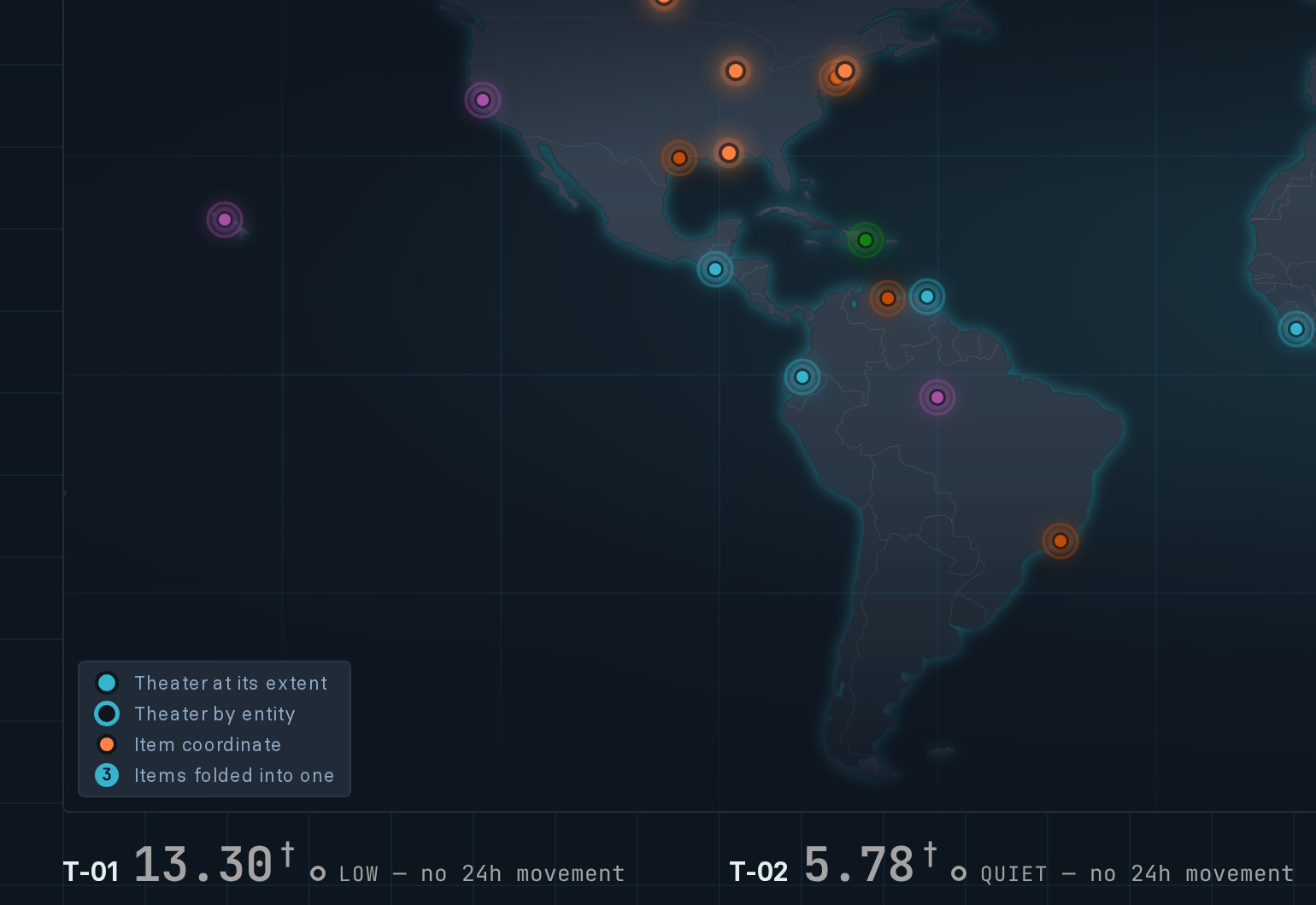 The Bedrock intelligence portal: theater map with item coordinates and pressure scores
