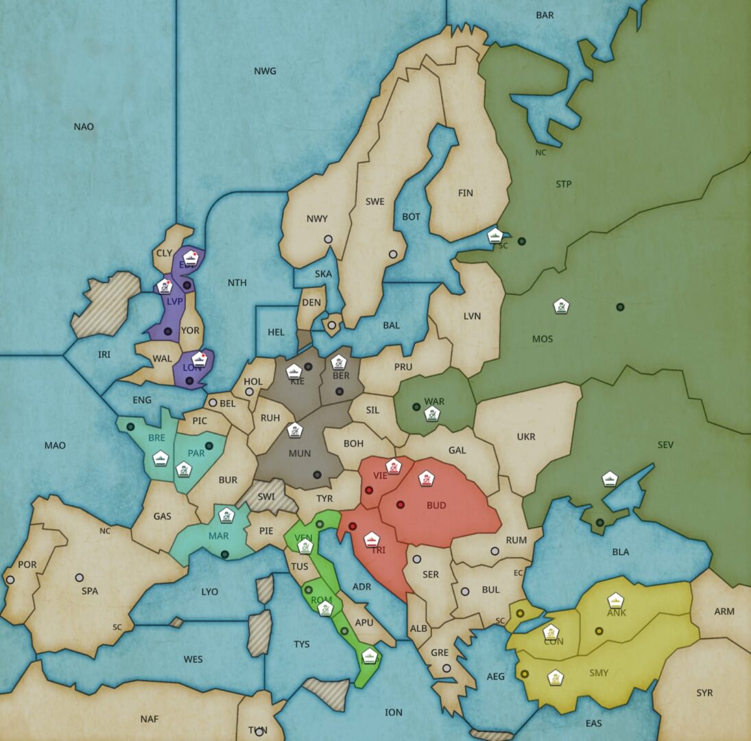 The Seven Empires game board at the start of the game. It's a map of World War I Europe with army and navy units for each power set on the board as icons.