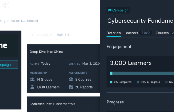 Learning campaigns allow organizations to assign courses, intel, and games to learners. The org dashboard allows group leaders and admins to track progress.